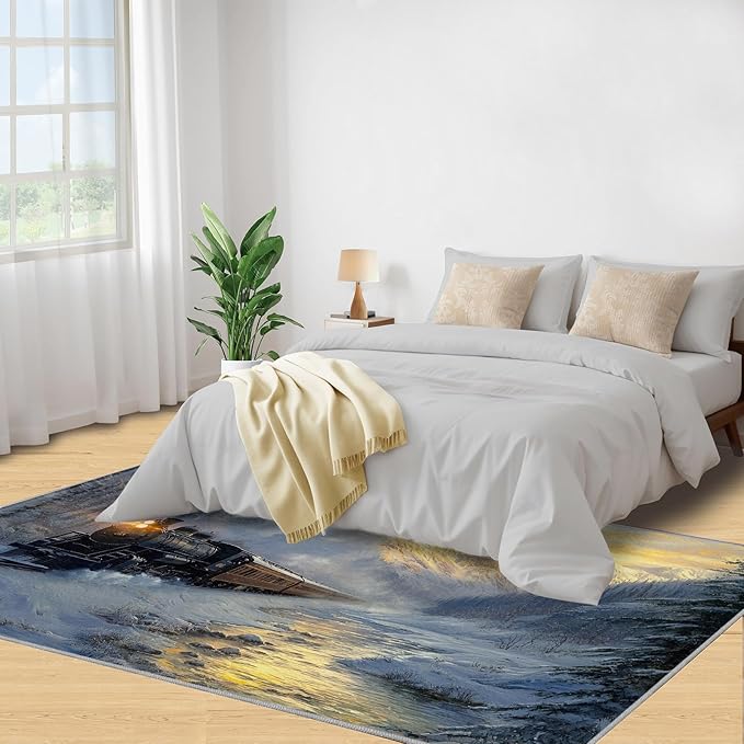 Train 3x5 Area Rugs,Forest and Mountains Bedroom Rug Winter Landscape Non-Slip Washable Rug for Living Room Nursery Kitchen Low-Pile Carpet