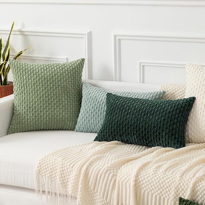 Kevin Textile Decorative Pillow Covers Set of 2 Striped Plush Corduroy Pillows Pillowcases Boho Home Decor Cushion Covers for Couch Sofa Bed Living Room 16x16 Inch, Army Green