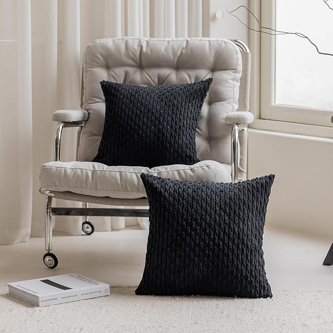 Kevin Textile Set of 2 Decorative Pillow Cover Solid Striped Corduroy Plush Velvet Cushion Cover for Couch 50cm 20 x 20 Inch Black