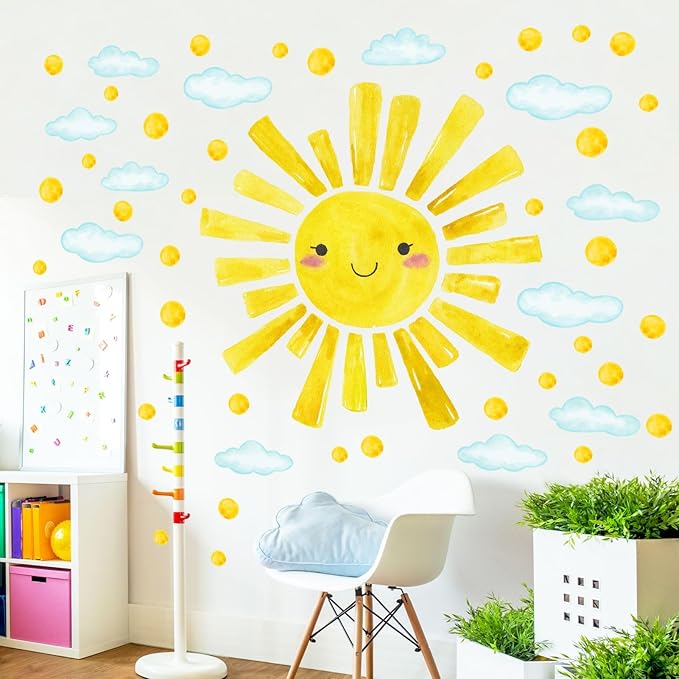 Watercolor Large Sun Wall Decals Cloud Polka Dots Wall Stickers for Kids Room, 12 Sheets Lovely Smile Sun Wall Decor Stickers Peel and Stick Wall Decorations Stickers for Bedroom Nursery