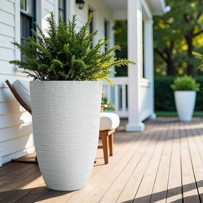 Worth Garden 2-Pack 21" H. White Tall Planters - 14'' Dia Resin Large Round Flower Pots for Outdoor Plants Trees - Imitation Stone Finish Plastic Indoor Front Porch 9 Gallon Decorative Container Patio