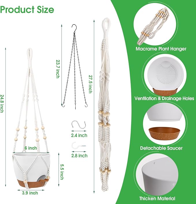 Hanging Planters for Indoor Outdoor Plants, 2 Pack Self Watering Hanging Pots, Hanging Plant Baskets with Drainage Holes & 2 Types of Plant Hangers (White, 6'')