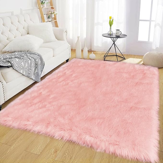 Latepis Pink Living Room Rugs Faux Fur Rug 5x6.7 Area Fuzzy Rugs for Teen Room Faux Sheepskin Rug for Living Room Sofa Floor Bedroom Luxury Home Decor