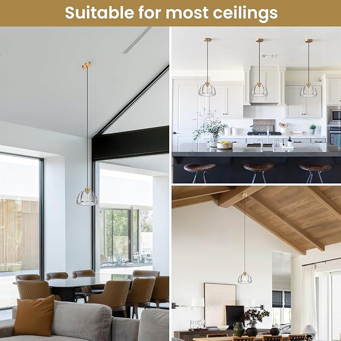 Crystal Pendant Light Kitchen Island: 2 Pack Luxury Brass Hanging Lights - 7" Dimmable Modern Crystals Lighting Fixture over Dining Table - Adjustable Gold Pendants Light for Bathroom Bulbs Included