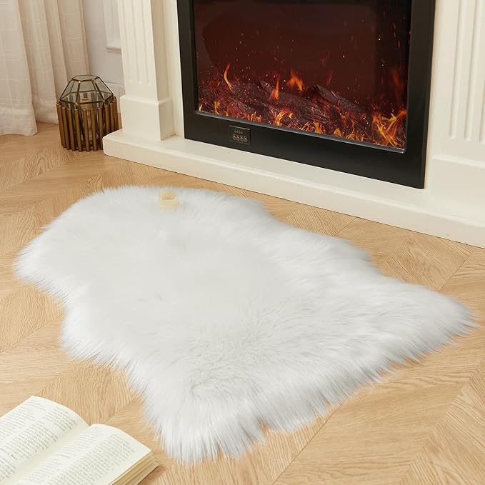 AMTOVO Faux Fur Rug, White Small Area Rug, Fluffy Sheepskin Rug, Fuzzy Ultra Soft 2 x 3 ft Shag Rugs for Bedroom Sofa Throw Cushion Room Decor, Sheepskin