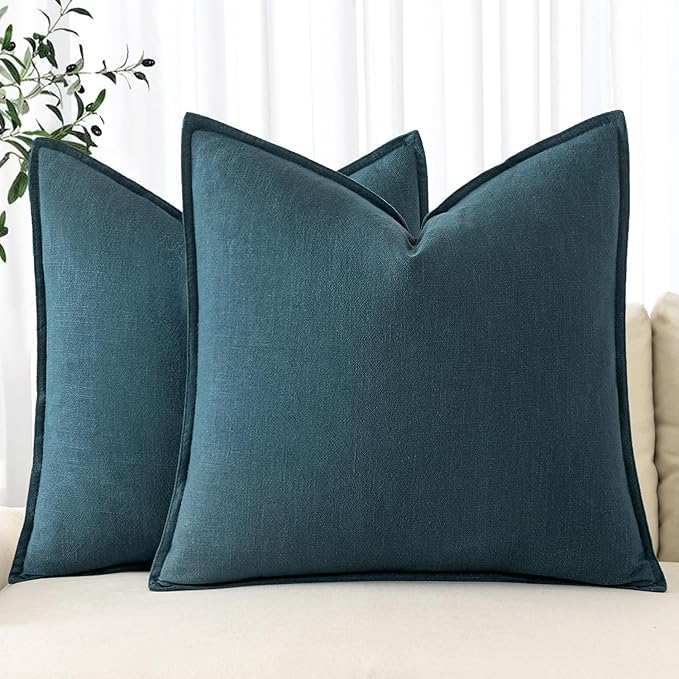 MIULEE Decorative Linen Pillow Covers 16x16 Inch Blue Boho Farmhouse Neutral Couch Throw Pillows for Bed Pack of 2 Accent Coastal Modern Pillowcase Summer Sofa Livingroom Home Decor