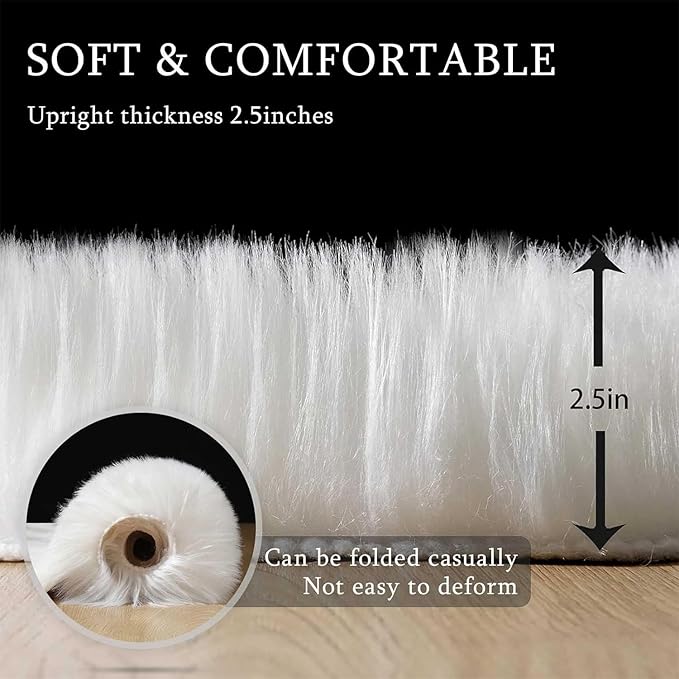 Fluffy Faux Fur Rug White Sheepskin Area Rug,3x5 Ft Ultra Soft Shaggy Plush Rug for Bedroom Bedside Living Room Nursery Kids Room