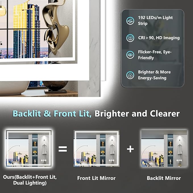 32x36 LED Bathroom Mirror with Lights, Backlit and Front Lit, Anti-Fog Lighted Vanity Mirrors for Bathroom Wall, Dimmable, 3-Color Light, Memory, Shatter-Proof, HD Tempered Glass, CRI＞90
