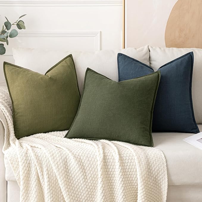 MIULEE Decorative Linen Pillow Covers 16x16 Inch Dark Olive Green Boho Farmhouse Neutral Spring Couch Throw Pillows for Bed Pack of 2 Accent Modern Pillowcase Sofa Livingroom Home Decor