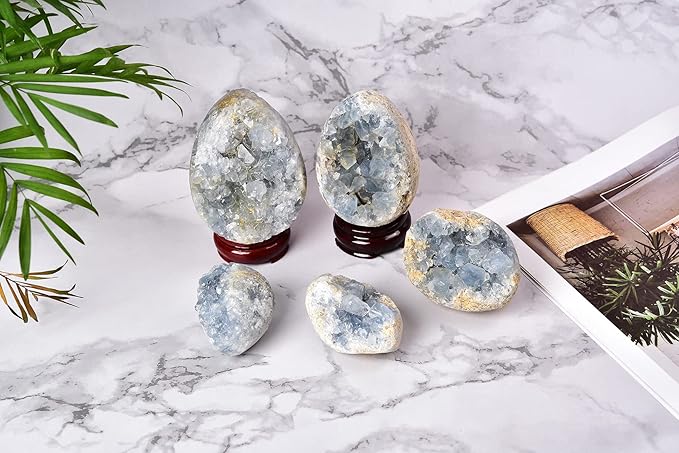 AMOYSTONE Decorative Easter Eggs Small 2" Natural Blue Celestite Egg Shaped Carved for Healing Reiki, Meditation Home Decor Gift