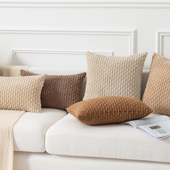 Kevin Textile Throw Pillow Covers Soft Corduroy Decorative Set of 2 Boho Striped Pillow Covers Pillowcases Farmhouse Home Decor for Couch Bed Sofa Living Room 18x18 Inch Khaki