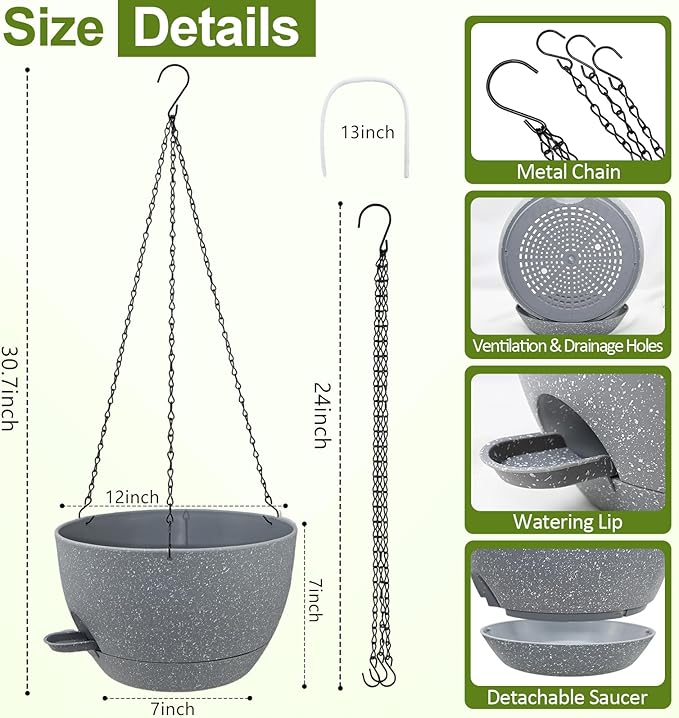 WOUSIWER Self Watering Hanging Planters, 2 Pack 12'' Plastic Pots with Drainage Holes & Reservoir Tray (Speckled Grey) | Indoor & Outdoor Use for Ferns, Ivy, Herbs, Succulents