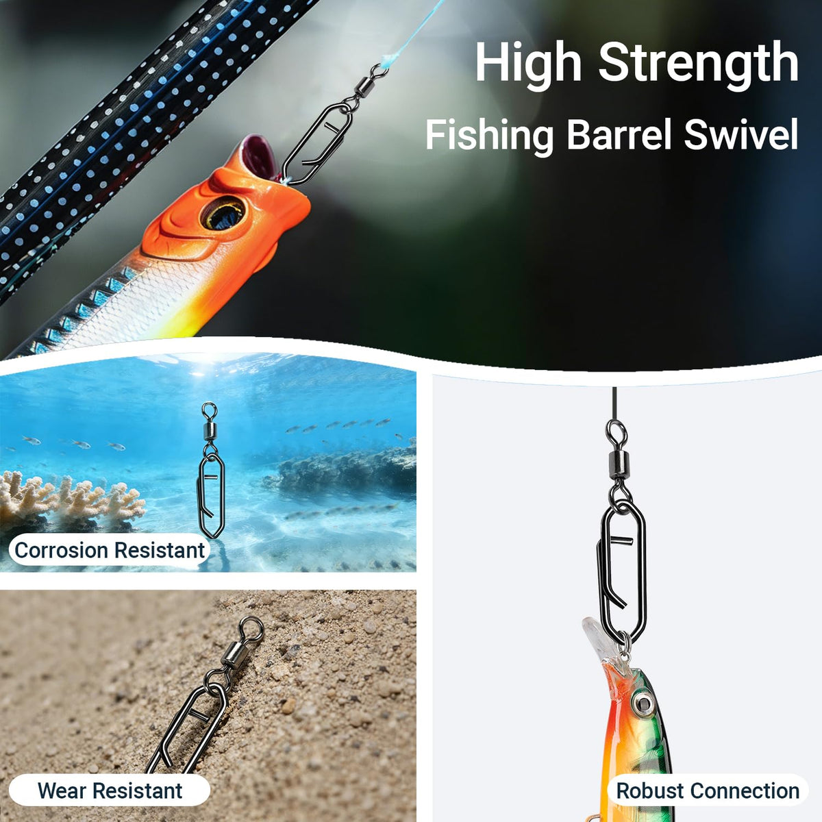 AMYSPORTS High Strength Saltwater Barrel Swivels Fishing Tackle Stainless Steel Line Connector Fishing Snaps Swivel Change Quick Fishing Clips Snap Black Nickel, 50pcs, 71lbs