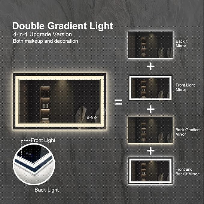 Lighted Vanity Mirror, 40x24 Inch Gradient Front and Backlight LED Vanity Mirror, 3 Colors Dimmable CRI>90 Double Lights, IP54 Enhanced Anti-Fog, Hanging Plates Wall Mount Bathroom Mirror