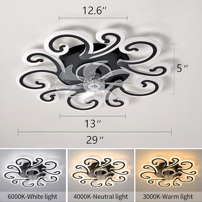HuixuTe 29" Black Flower Modern Ceiling Fan with Lights Remote Control, Low Profile Ceiling Fan with Light for Kitchen Bedroom Living Room