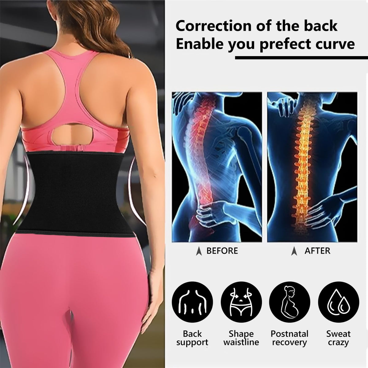 AMZBOSS Waist Trainer for Women Lower Belly Fat, Waist Sweat Band for Women, Belly Band Sweat Belt, Stomach Wrap with Pocket (Black, Medium)