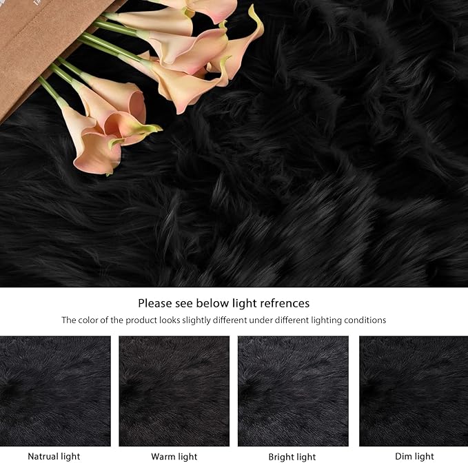 Black Fuzzy Washable Shaggy Area Rugs for Bedroom Small Circle Faux Sheepskin Shag Fur Round Rug 3ft Nursery Rug