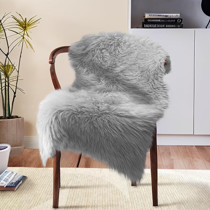 Ciicool Faux Sheepskin Rugs Soft Faux Fur Rug Grey Fluffy Chair Couch Cover Furry Rug for Bedroom Floor Sofa Living Room 2x3 Feet