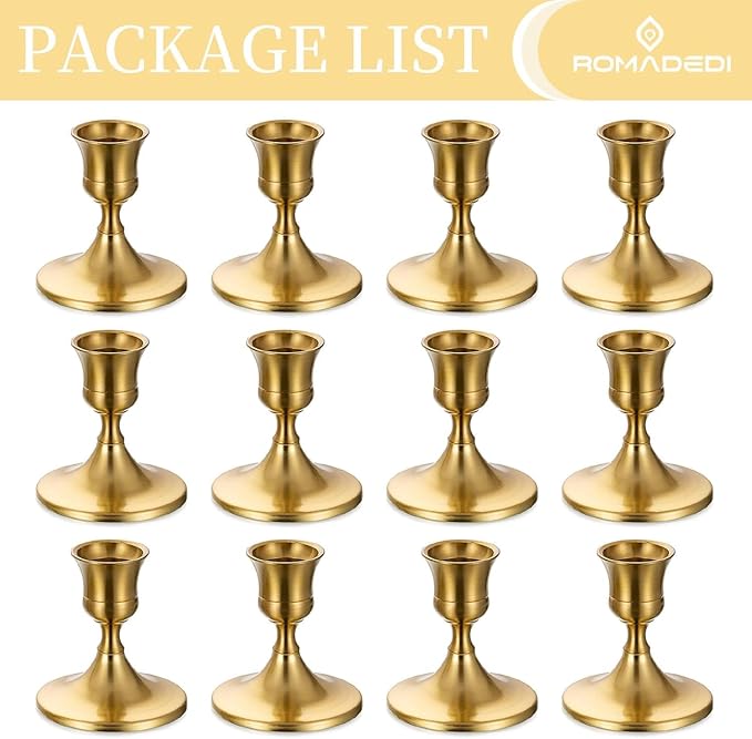 Romadedi Gold Candlestick Candle Holders for Taper, 12 PCS Gold Brass Color Candle Stick Candle Holder for Table Centerpiece, Wedding Reception, Festive Christmas Mantel Decoration or Home Decor