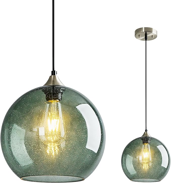 Gray Green Glass Pendant Lights Kitchen Island Lighting Globe Pendant Light Fixtures Modern Pendant Lighting for Kitchen Island Bedroom Living Dining Room Light Fixture(9.84in, 1-Pack)