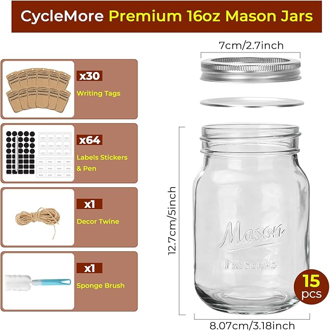 CycleMore 16oz Mason Jars, 15 Pack Embossed Glass Canning Jars with Lids and Bands, Overnight Oats Containers for Canning, Pickling, Food Storage, DIY Projects