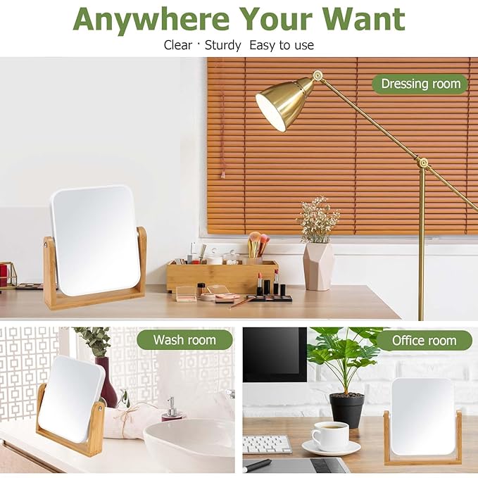 LFOYOU Vanity Makeup Mirror with Natural Bamboo Stand, Double Sided 360 Degree Swivel Magnifying Mirror, Tabletop Magnified Make up Mirror for Bathroom or Bedroom 8 Inch