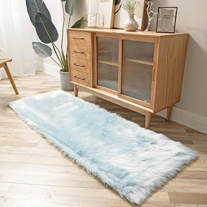 Ashler faux fur rug, Fluffy Shaggy Area Rug Ultra Soft 2.2 x 6 Feet Rectangle Fur Rug, Light Blue Fuzzy Rug Machine Washable Shag Rug, Nursery Decor Throw Rugs for Bedroom, kids room, Living Room