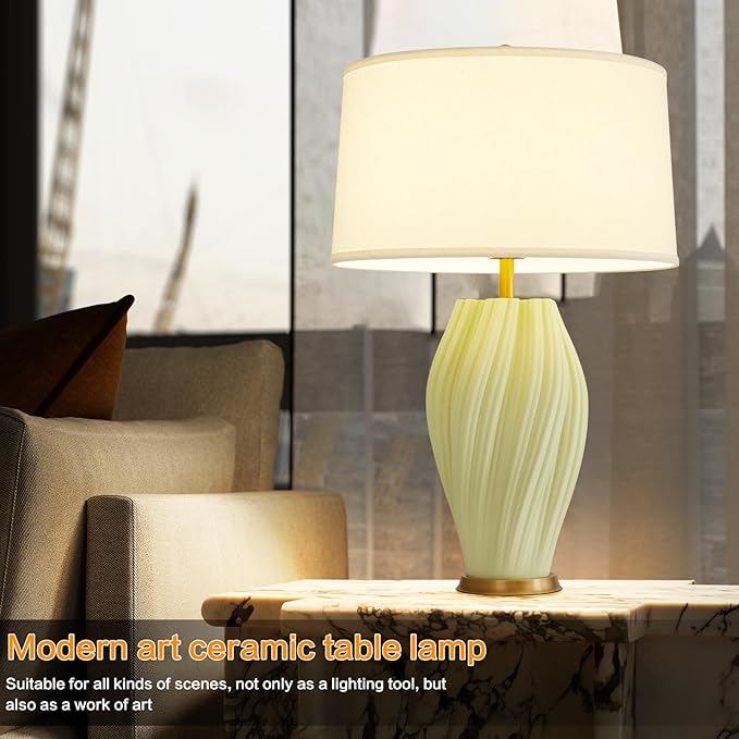 Modern Textured Ceramic Large Table Lamps 26.75", Sage Green Plug in Table Lamp Decor for Living Room Bedroom Bedside Tables Office Desk End