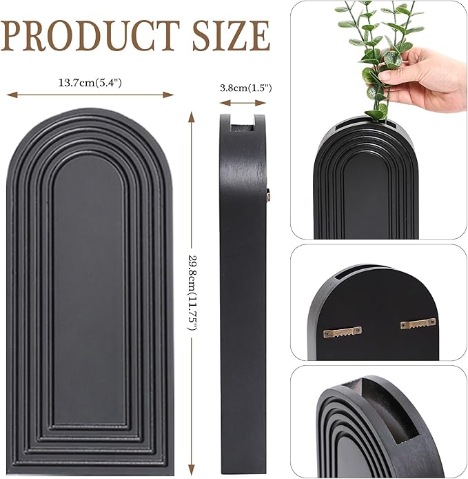 2 Pack Wooden Wall Vase Set - Brown Finish Modern Farmhouse & Boho Wall Decor for Entryway, Hallway, Bathroom, Living Room, Dining Room, Narrow Spaces