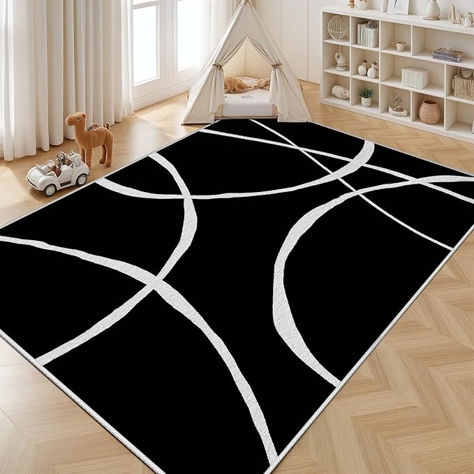 Black and White Rugs - 5x8 Area Rug, Abstract Rug, Modern Minimalist Rugs, Curved Line Design Carpet, Black and White Abstract Carpet Washable Non Slip Home Decor 5x8