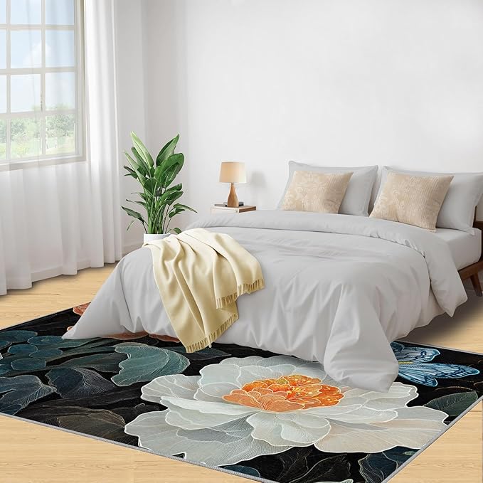 Flowers 2x3 Area Rugs for Living Room Classic Petals Washable Rug Orange-Yellow Flowers Rug Non Slip Low Pile Soft Area Rugs for Bedroom Bedside Dining Room Kids