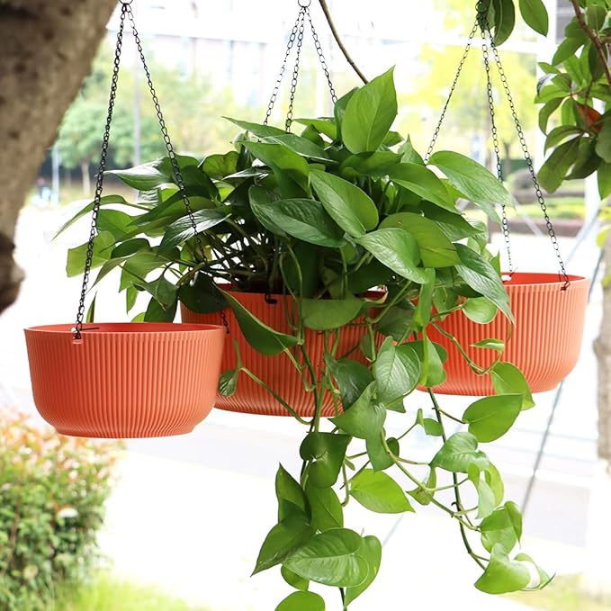 Hanging Planters 9/10/11 Inch for Indoor Plants, 3 Pack Plant Hanger Outdoor with Drainage Holes, Self Watering Hanging Basket Flower Pot for Garden Home Decor, Light Coral