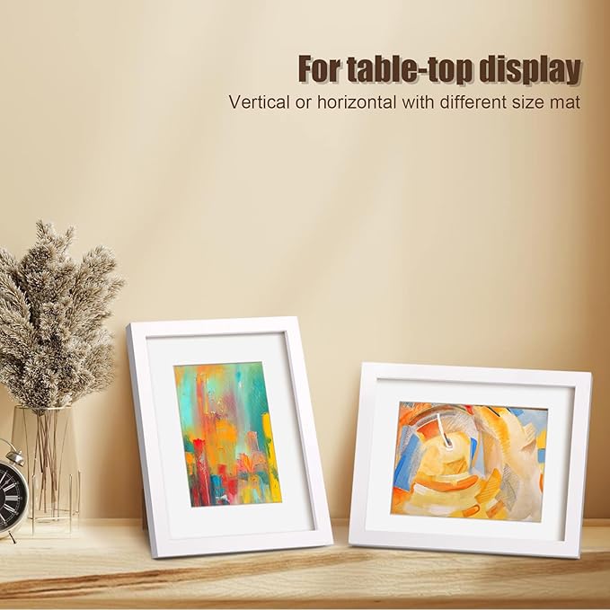 KINLINK 8x10 Picture Frame White, Solid Wood Frames with Acrylic Plexiglass for Pictures 4x6/5x7 with Mat or 8x10 without Mat, Tabletop and Wall Display, Set of 4