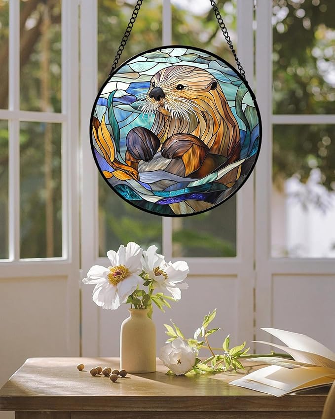 Stained Glass Suncatcher, Blue Ocean Cute Sea Otter Sun Catcher Stain Glass Window Hanging Decoration Mother's Day Birthday Gifts for Women Men Mom Nana 9.8 in