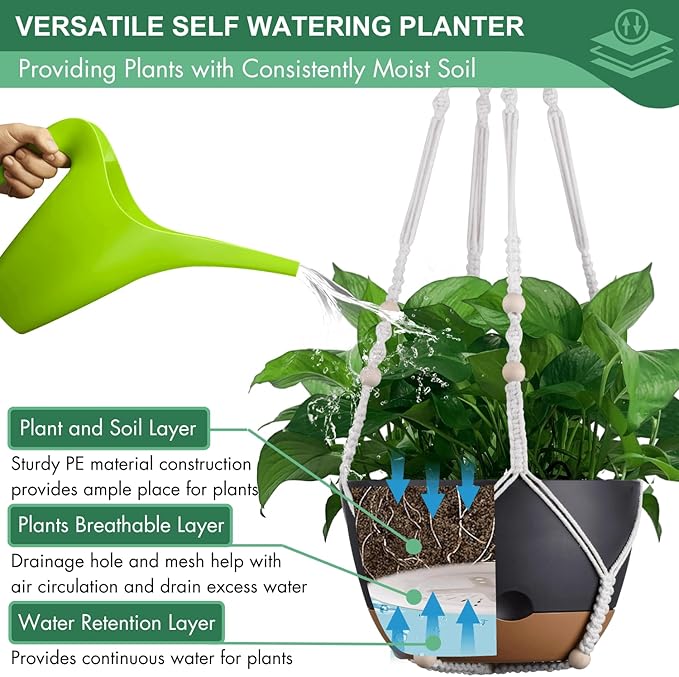 montresor Set of 2-8 Inch Hanging Planters for Indoor Plants with Self-Watering Includes Hanging Pots for Plants, Outdoor Hanging Plant Pot with Drainage, and 2 Types of Baskets Hangers (Black)