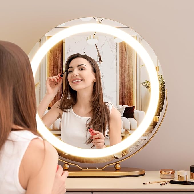 Garvee 19 in Vanity Mirror with Led Lights, Large Round Makeup Mirror with Touch Control and 3 Color Lighting Modes, Round Vanity Mirror for Bedroom, Tabletop, Living Room, Easy to Install, Gold