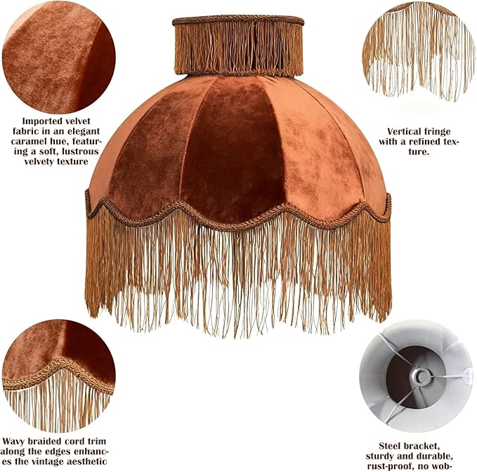 Velvet Shade with Tassel, Caramel, Handmade Dome Design for Floor Lamp and Table Lamp (1, Caramel, Small)