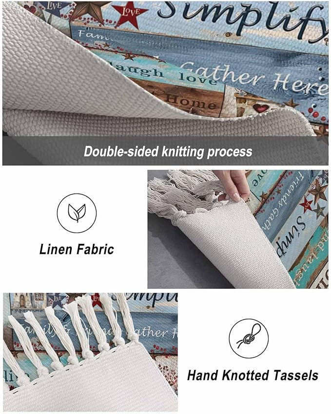 Turquoise Blue Brown Kitchen Hallway Runner Rug 2X5 Ft Carpet, Washable Woven Vintage Barn Rustic Cabin Throw Carpet with Tassel, Non-Shedding Country Star Farm Wooden Plank Entryway Laundry Rugs