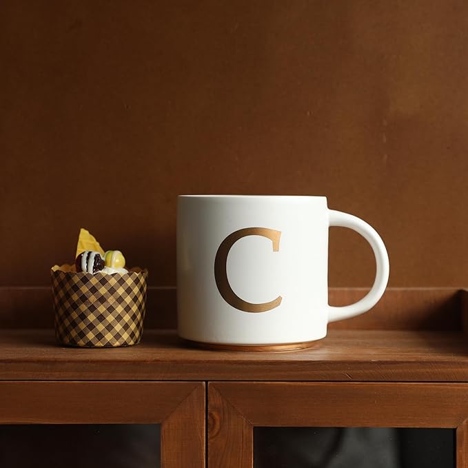 COLLECTIVE HOME - Monogram Ceramic Mugs, 15 oz Golden Initial Coffee Cups, Elegant Alphabet Tea Mugs, Elegant Personalized Mug with Gift Box, Unique Mug with Double Side Capital Letter (C)