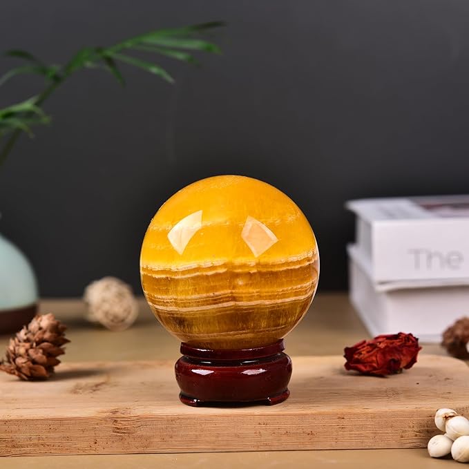 JIC Gem Natural Yellow Fluorite Crystal Sphere with Wooden Stand,Decorative Crystal Ball Yellow Gemstone Sphere for Meditation,Feng Shui,Witch-Style Decor,Table 70-80mm