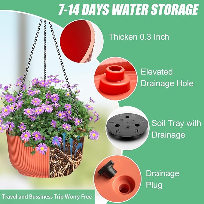 Hanging Planters 9/10/11 Inch for Indoor Plants, 3 Pack Plant Hanger Outdoor with Drainage Holes, Self Watering Hanging Basket Flower Pot for Garden Home Decor, Light Coral