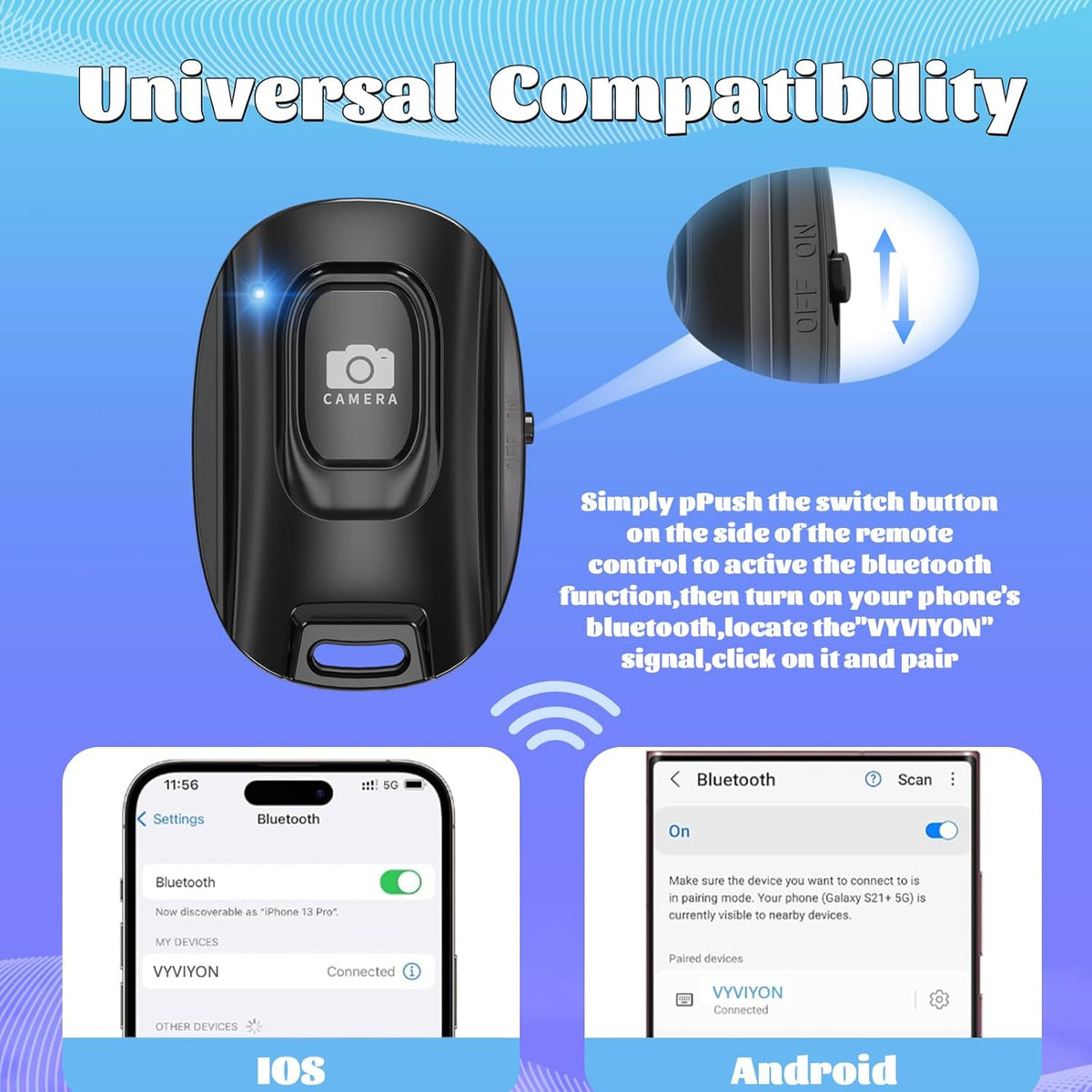 VYVIYON (2 Pack) Bluetooth Camera Remote Shutter for iPhone and Android Smartphones, Rechargeable Wireless Phone Remote