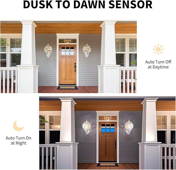 Dusk to Dawn Globe Outdoor Wall Lights, White Porch Light, Aluminum Waterproof Exterior Lighting Fixtures Wall Mount, Sphere Outside House Sconces Lantern with Amber Glass for Patio Garage Doorway