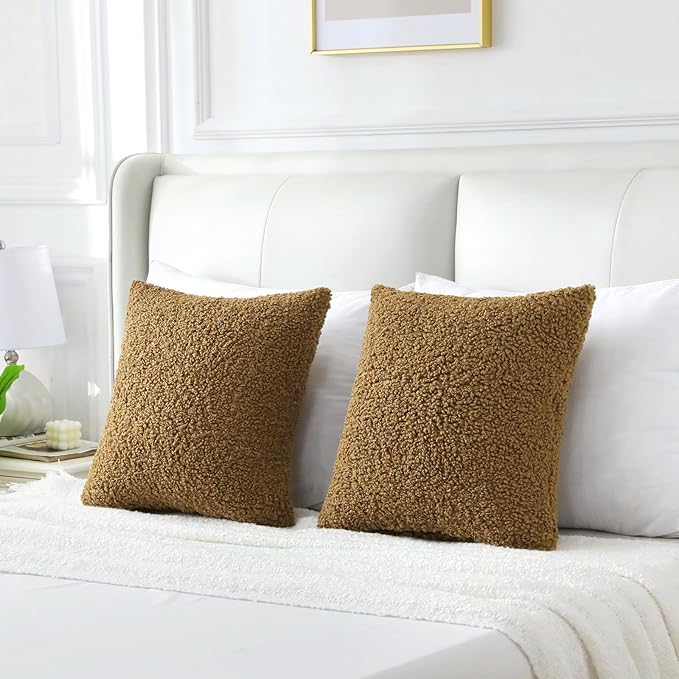FUTEI Khaki Throw Pillow Covers 22x22 Inch Set of 2,Furry Faux Fur Teddy Boucle Textured Cushion Covers,Soft Fluffy Decorative Pillow Case,Home Decor for Couch Bed Living Room Office Car