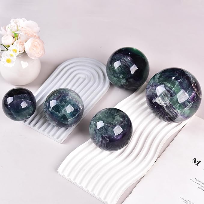JIC Gem Natural Colorful Fluorite Crystal Sphere Crystal Decorative Ball with Wooden Stand Meditation Balls for Witchcraft Reiki Gift 60-70mm