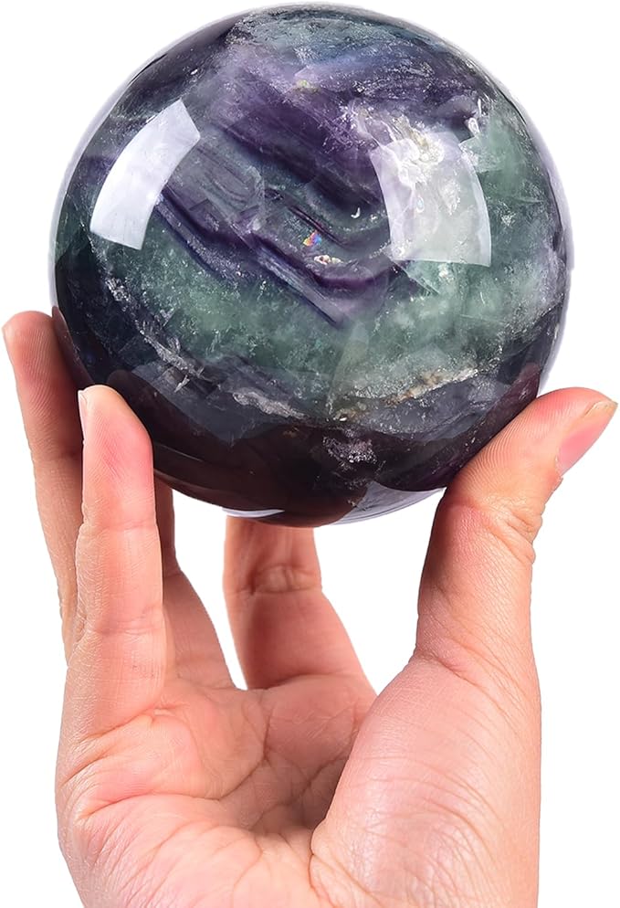 JIC Gem Large Colorful Fluorite Crystal Sphere Ball with Wooden Stand Fluorite Healing Decorative Ball 100-110mm