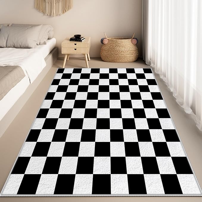 Black and White Checkered Rug for Living Room, 3x5 Area Rugs, Checkered Area Rug, Geometric Plaid Rugs, Washable Non Slip Retro Carpet Home Floor Decor