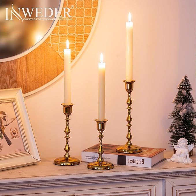 Brass Candlestick Holders Vintage: Gold Taper Candle Holder Metal Candle Sticks Holder Antique Decoration for Dinning Table Mantel Wedding Centerpieces Christmas Party Set of 6