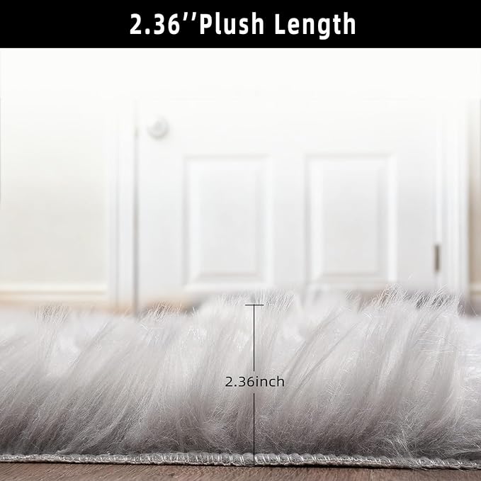 Grey Faux Fur Sheepskin Area Rug for Living Room Bedroom, 2 x 4 Feet Ultra Soft Shaggy Fuzzy Furry Carpet Chair Throw Rugs for Kids, Girls, Nursery Room Decor Dorms