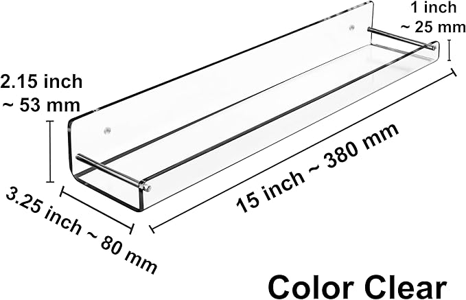 AMT 6 Pack Acrylic Floating Shelves, 15" L x 3.25" W, Clear Bathroom Wall Shelf, Bookshelves, Invisible Display for Office, Bedroom, Small Gap Allows Water to Escape, Free Screws & Drill Bit (Medium)